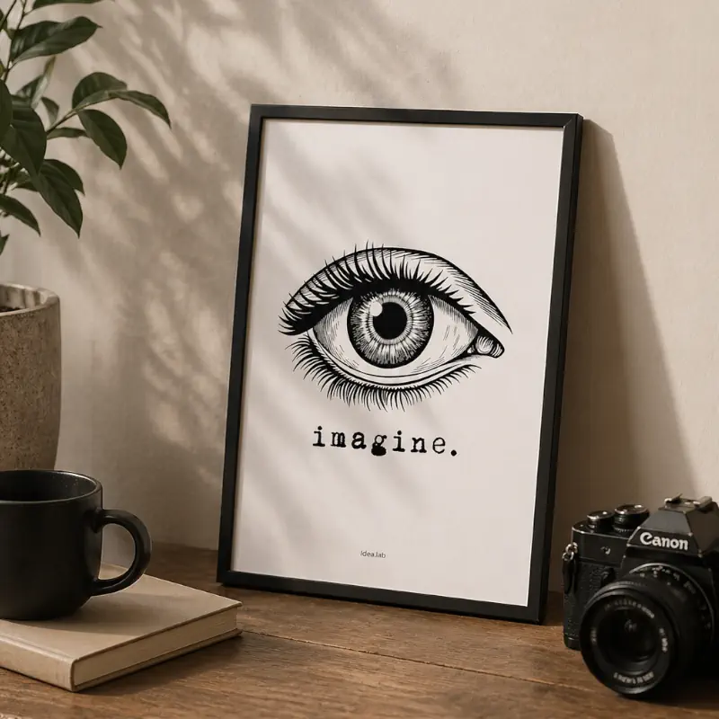 mockup postar A4 stampa nera con macchina fotografica