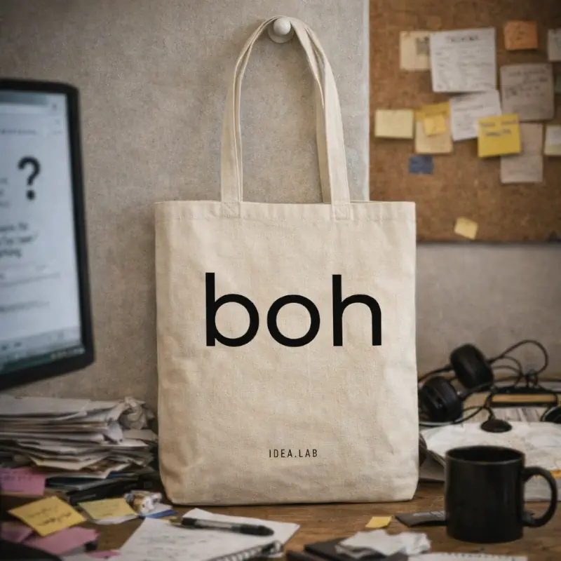 Shopper personalizzata boh in cotone naturale Idea.lab su scrivania con appunti e oggetti da lavoro