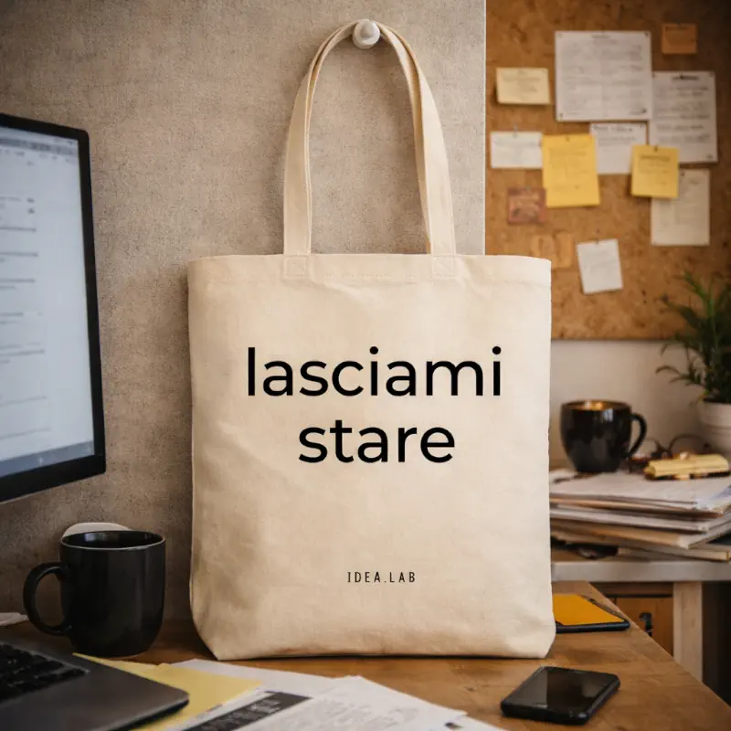 Shopper personalizzata lasciami stare in cotone naturale Idea.lab su scrivania con computer e appunti