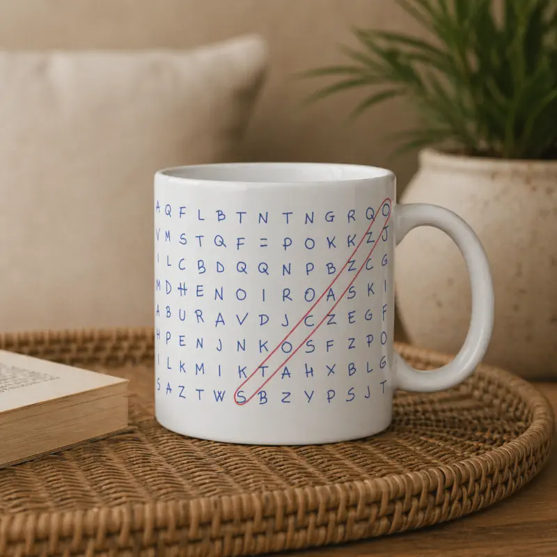 tazza ceramica sto cazzo su tavolino con libro idea.lab stampa blu e rossa