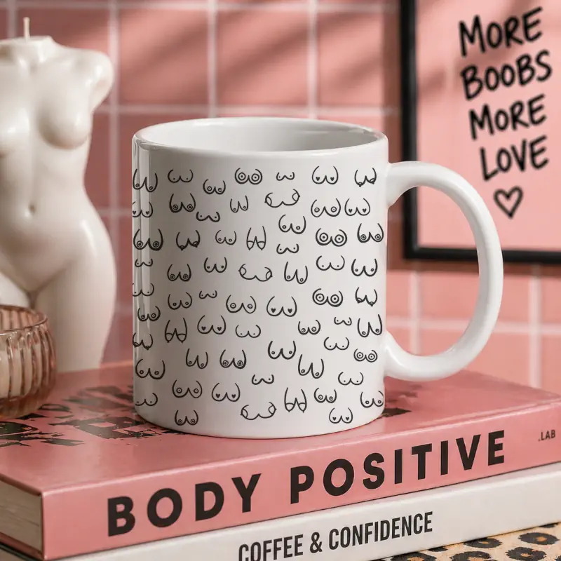 tazza ironica belle tettine stampa nera in bagno con piastrelle rosa