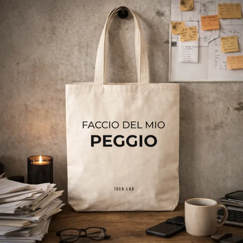 Shopper personalizzata faccio del mio peggio in cotone naturale Idea.lab su scrivania disordinata