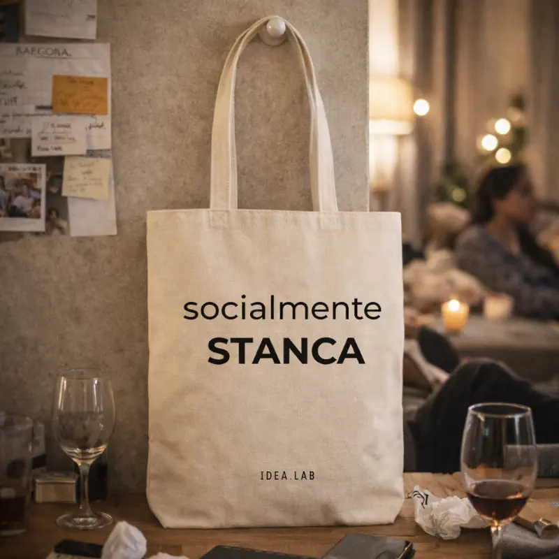 Shopper personalizzata socialmente stanca in cotone naturale Idea.lab in ambiente casa con luci soffuse
