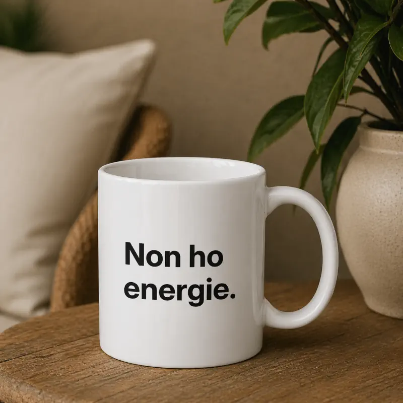 tazza ceramica non ho energie di idealab su tavolino con pianta su sfondo