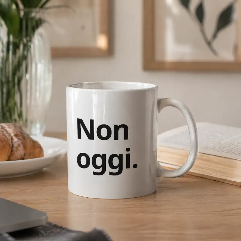 tazza non oggi in ceramica con brioches e libro sullo sfondo