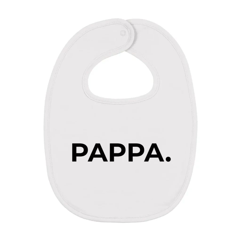 Bavaglino in cotone biologico bianco con scritta nera PAPPA. stampata a mano, stile minimalista.