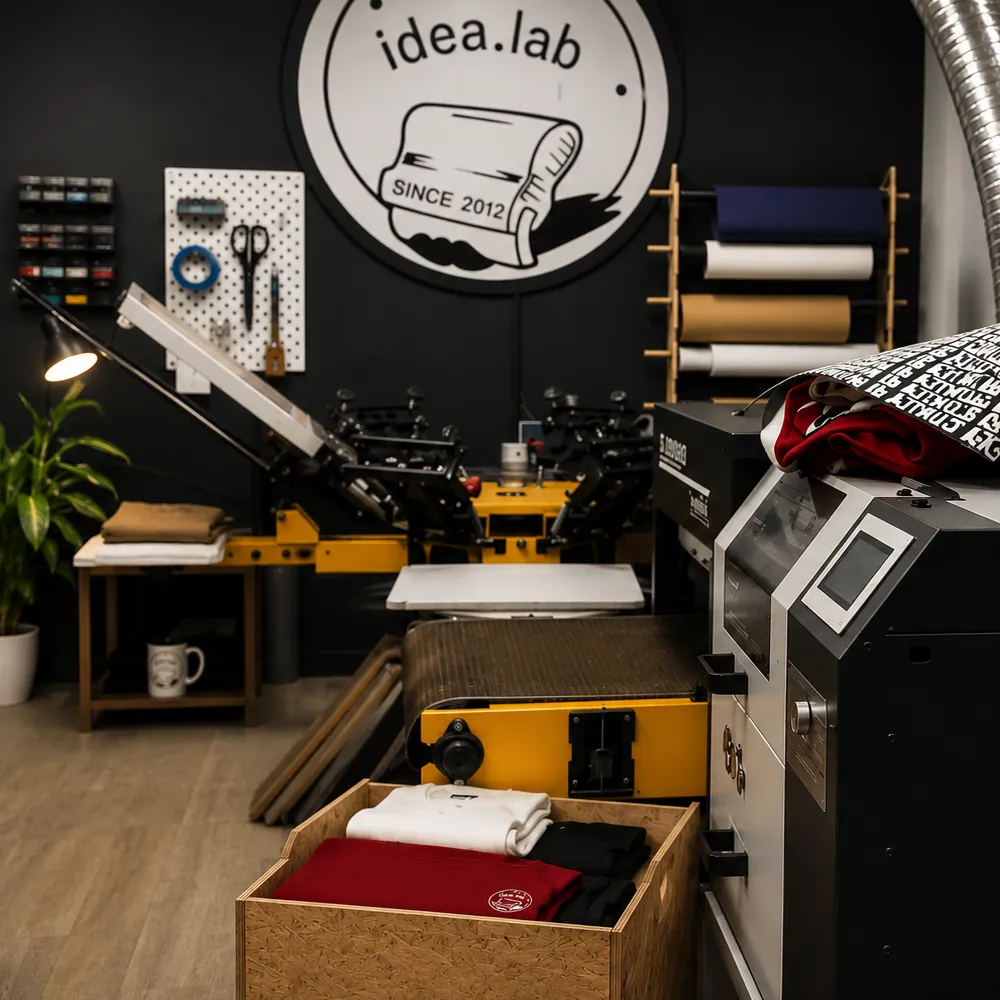 Laboratorio creativo Idea.lab a Ivrea con macchine per serigrafia, ricamo e stampa digitale su abbigliamento personalizzato.