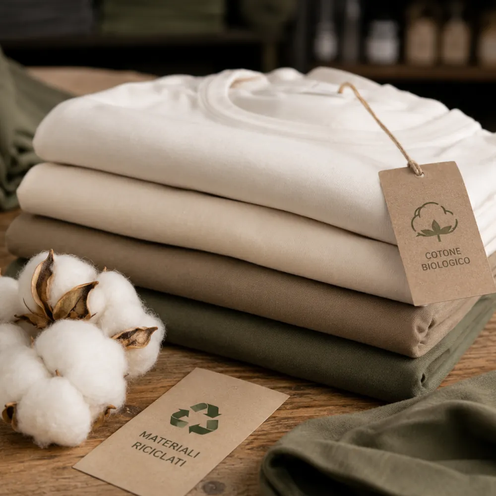 Capi in cotone biologico e materiali certificati selezionati da Idea.lab per la personalizzazione