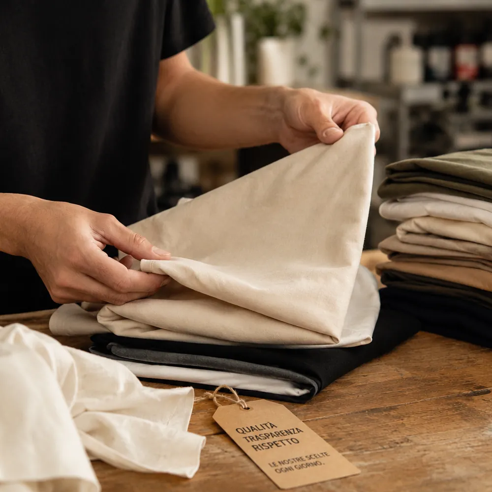 Selezione di tessuti e materiali sostenibili utilizzati nel laboratorio artigianale Idea.lab