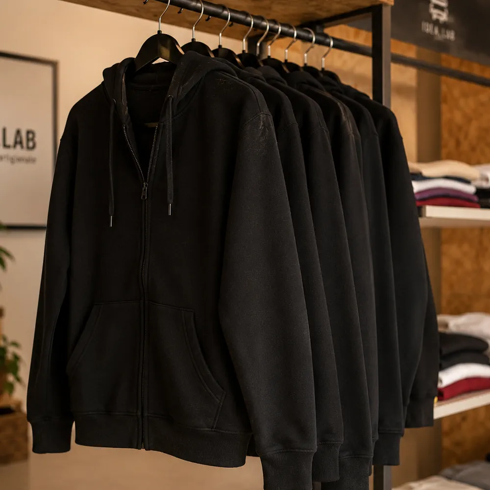 Felpe personalizzate Idea.lab esposte nel laboratorio artigianale, disponibili in diversi colori e modelli.