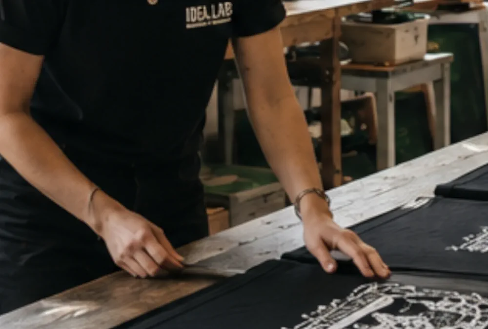 Interno del laboratorio di stampa Idealab a Ivrea durante la produzione di abbigliamento personalizzato.