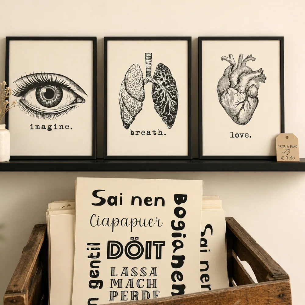 Poster e stampe decorative con grafiche originali Idea.lab esposti nel laboratorio artigianale.