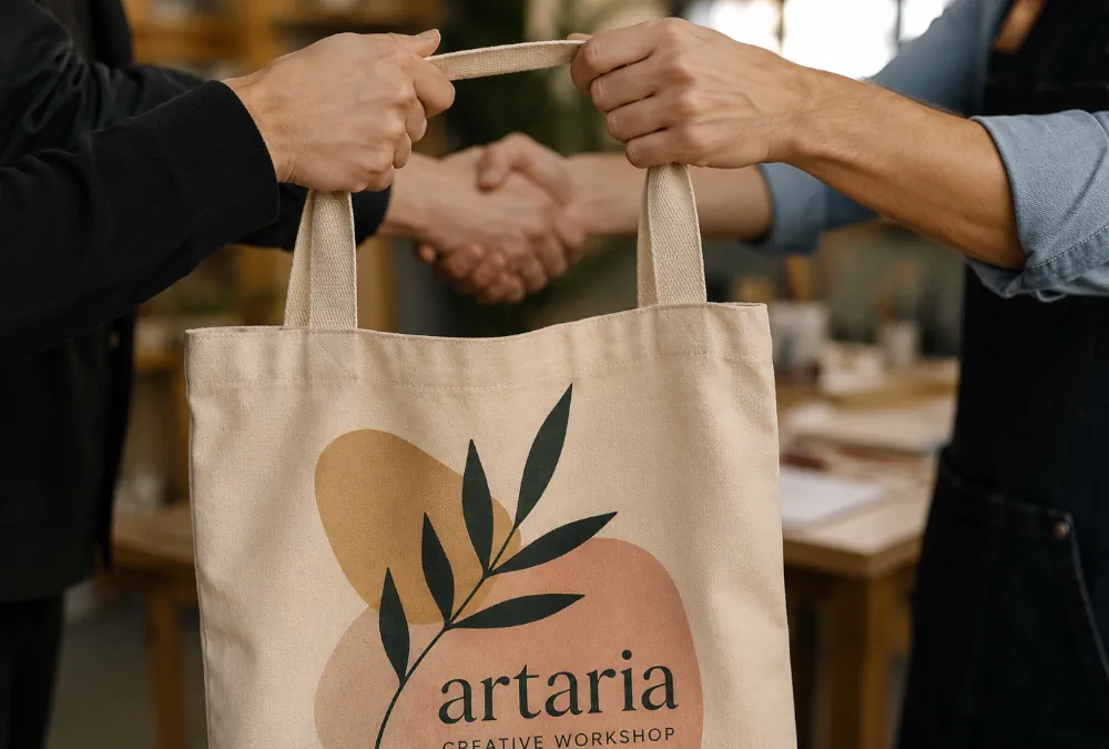 Dettaglio di mani che scambiano una shopper personalizzata in un contesto business. 